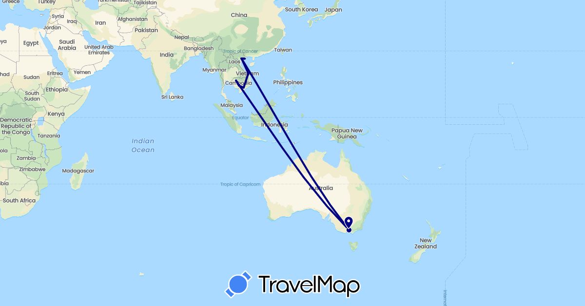 TravelMap itinerary: driving in Australia, Cambodia, Vietnam (Asia, Oceania)